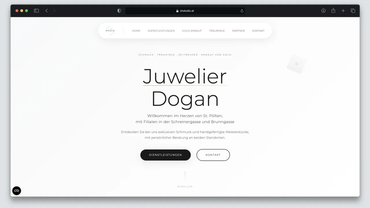 Juwelier Dogan in St. Pölten: Startseite mit Schmuckfotografie und Kontaktbereich