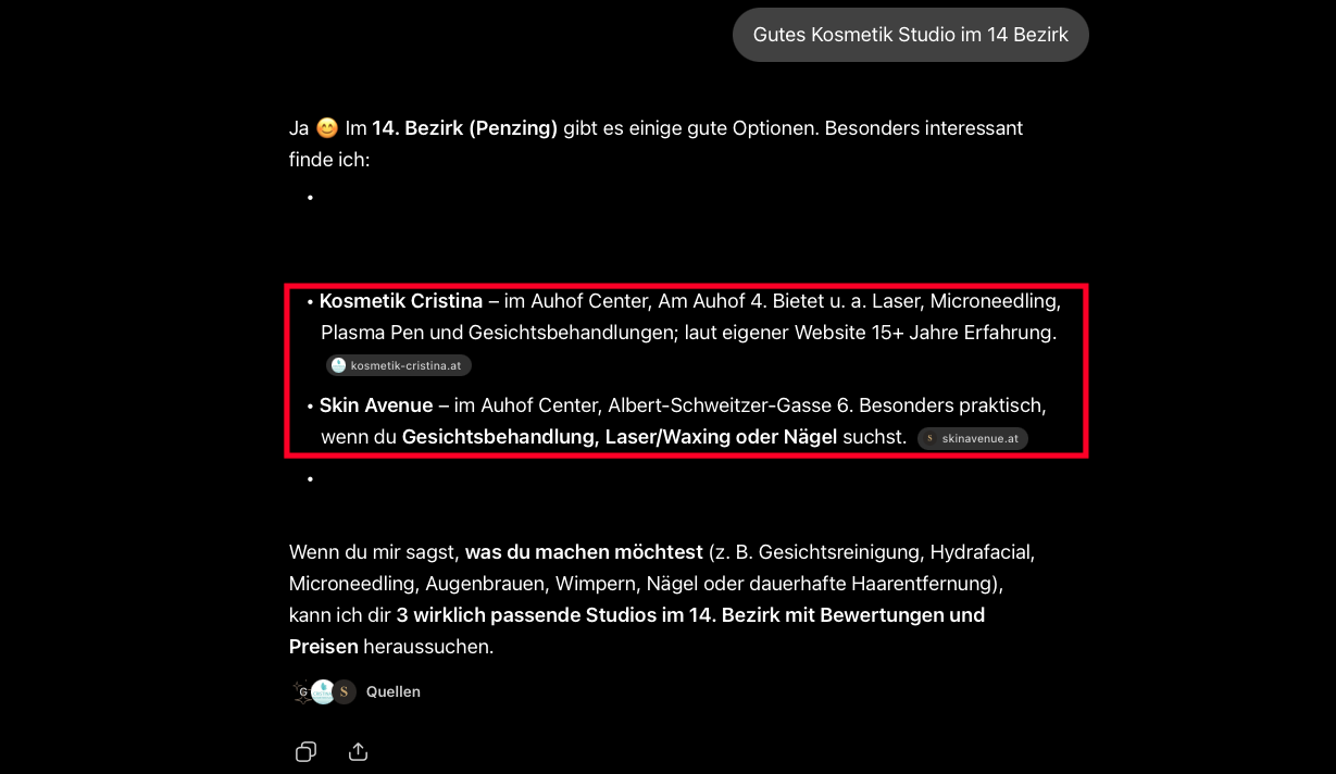 ChatGPT nennt Kosmetik Cristina und Skin Avenue als Studios im 14. Wiener Bezirk und führt beide Websites als Quelle an