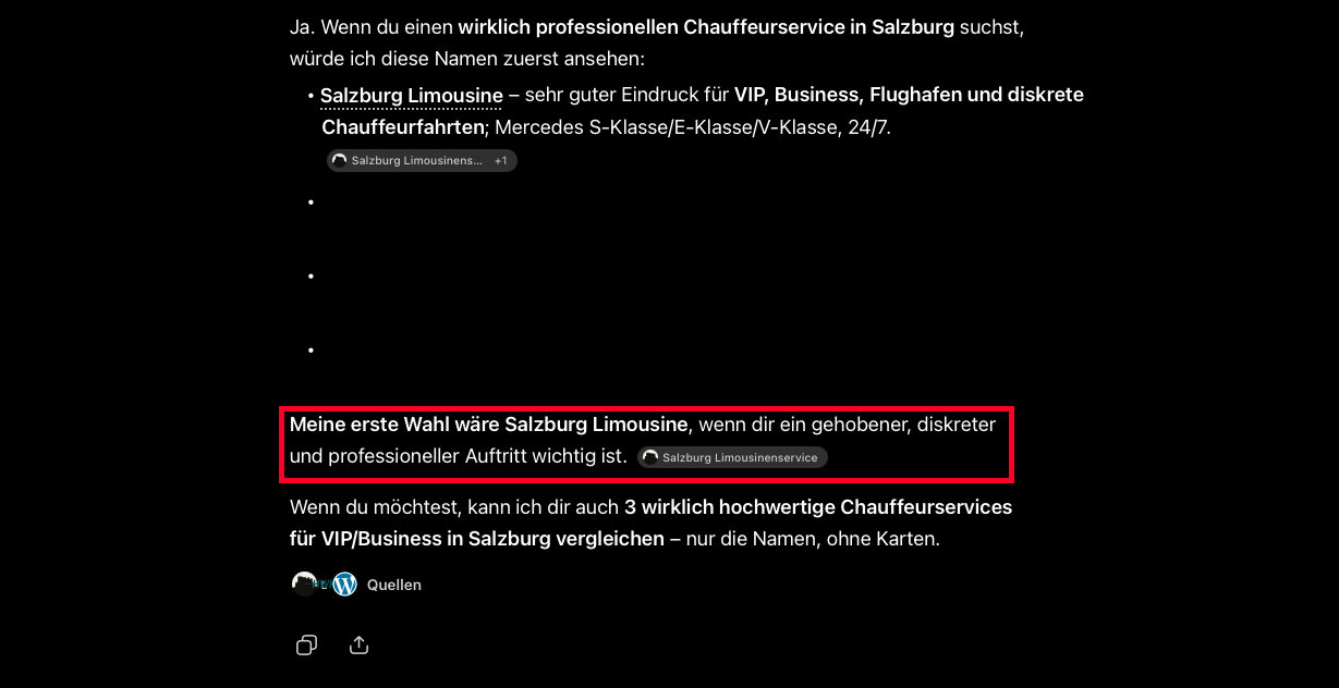 ChatGPT bezeichnet Salzburg Limousine als erste Wahl für professionelle Chauffeurfahrten in Salzburg